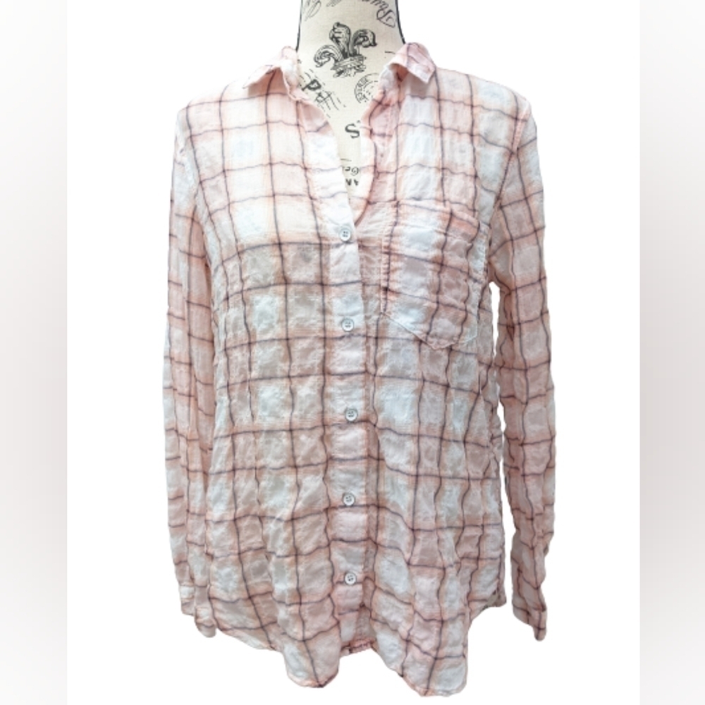 Anthropologie Cloth & Stone women's pink plaid button down shirt size small